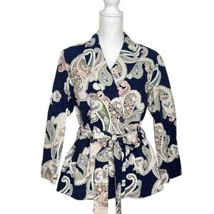 YALY Couture Women's 100% Linen Navy Paisley Belted Preppy Blazer Jacket Size M